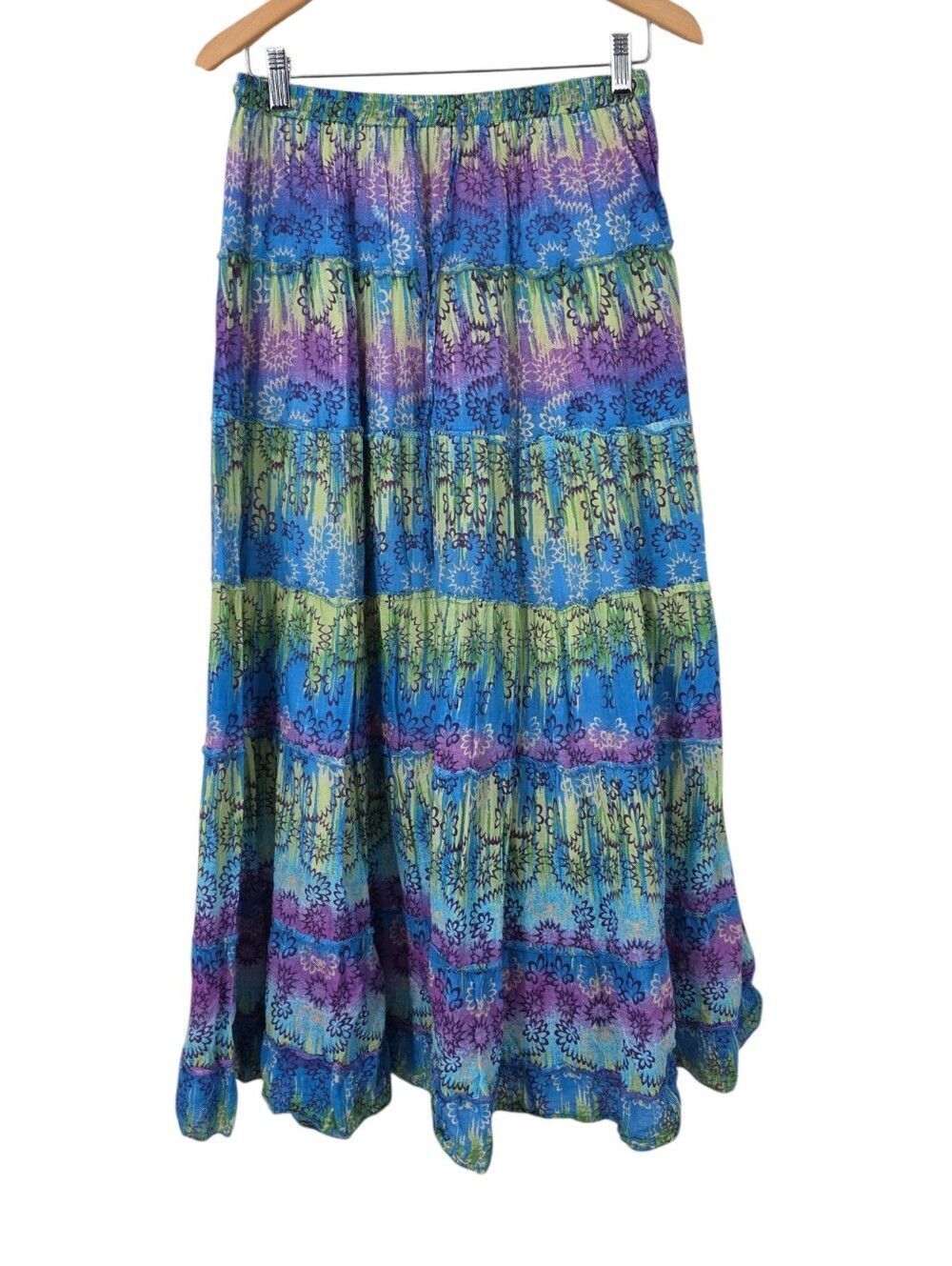 Jane Ashley Cotton Tiered Floral Maxi Skirt in Blue, Green & Purple